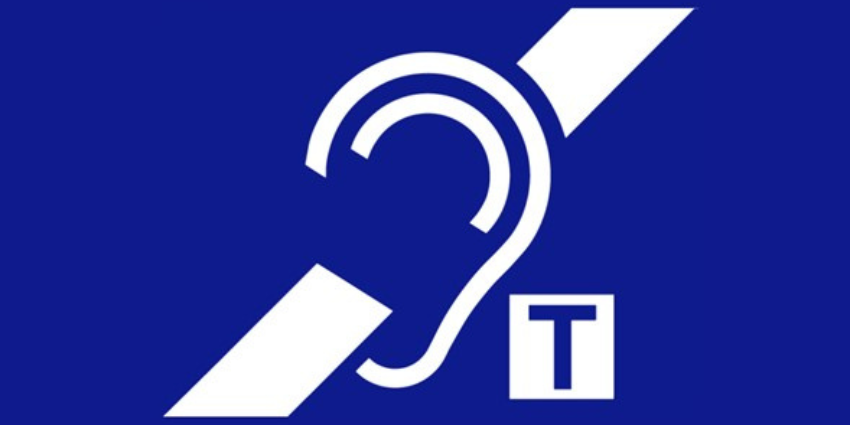 Blue sign with an ear and a T, symbolising the presence of a magnetic induction loop.