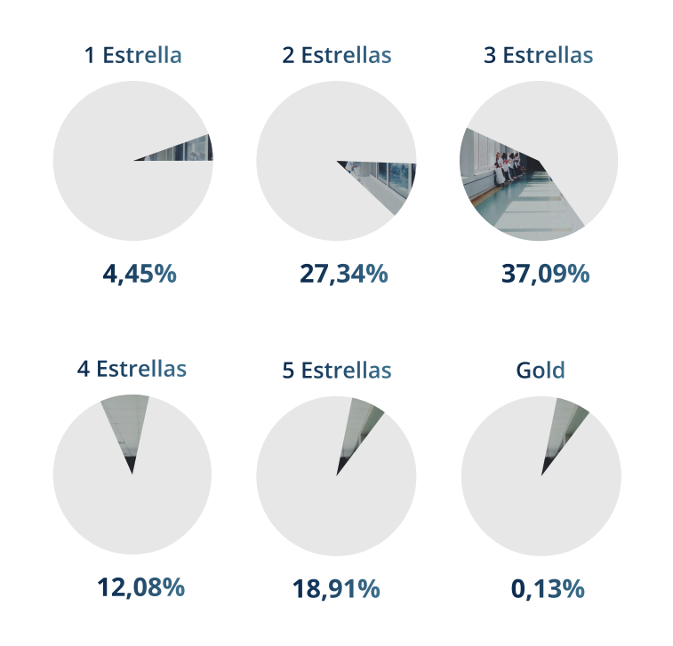 Gráficos con los datos de emisión de certificados por estrellas: 1 estrellas 4,45%; 2 estrellas, 27,34%; 3 estrellas, 37,09%; 4 estrellas, 12,08%; 5 estrellas, 18,91%; y 5 estrellas gold, 0,13%.