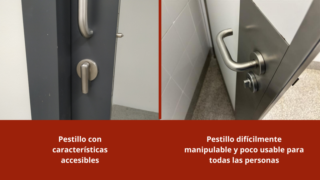 Dos ejemplos de pestillos, el de la izquierda tiene características accesibles y el de la derecha no es usable para todas las personas