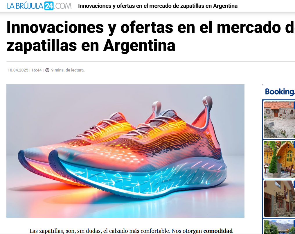 Captura de pantalla de un artículo de noticias en línea de La Brújula 24, publicado el 10 de abril de 2025. Título: “Innovaciones y ofertas en el mercado de zapatillas en Argentina.”