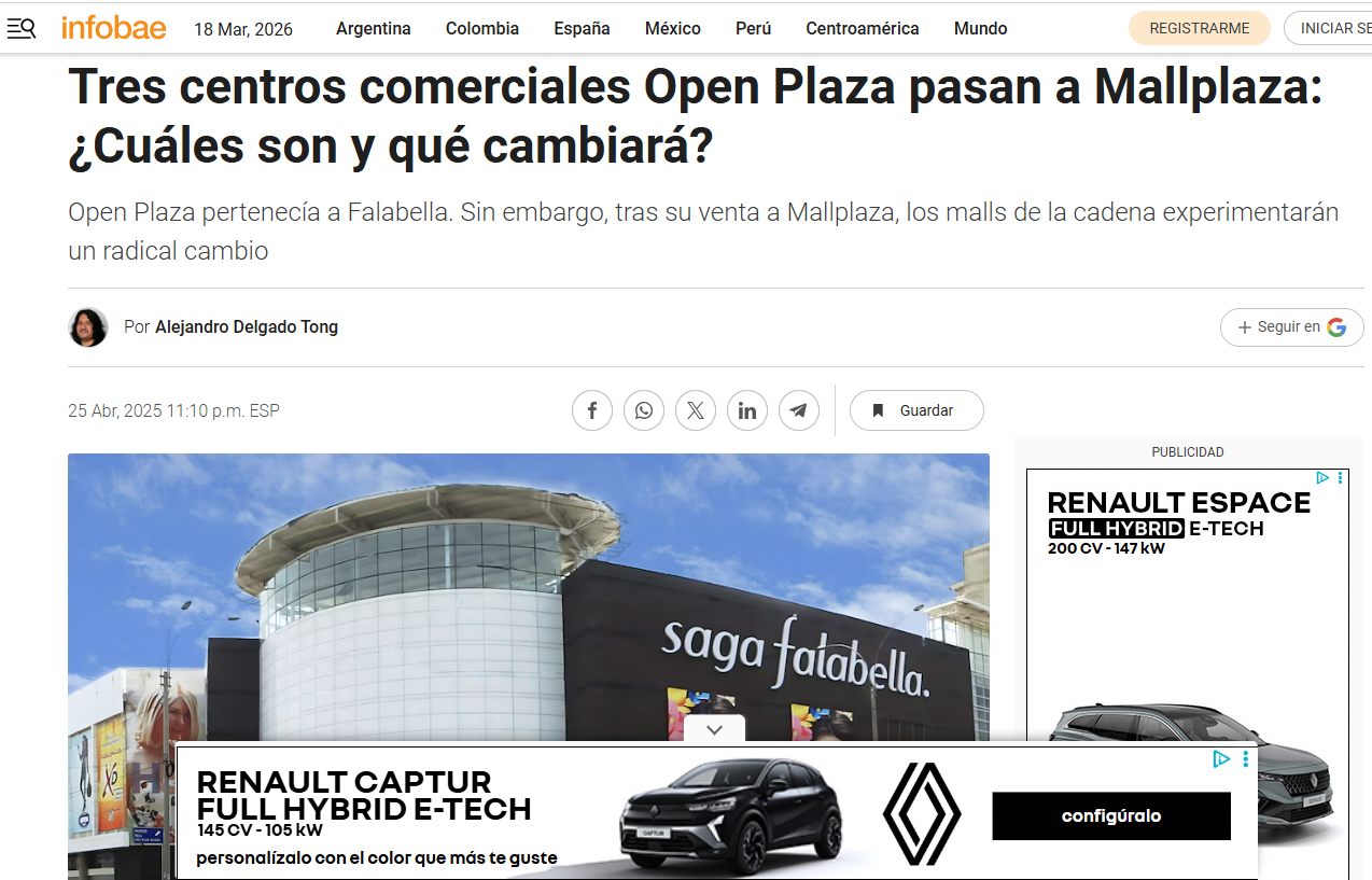 Captura de pantalla de un artículo de Infobae sobre el traspaso de tres centros comerciales Open Plaza a Mallplaza. Incluye el titular, el subtítulo, la fecha y una foto de un centro comercial con el letrero ‘Saga Falabella’.