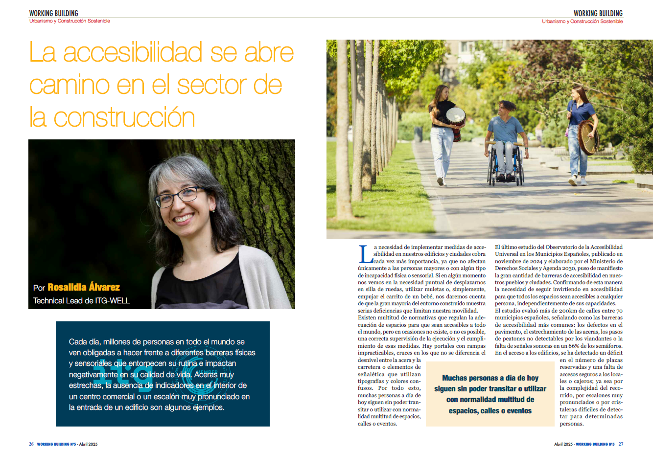 Captura de pantalla de un artículo de Working Building titulado ‘La accesibilidad se abre camino en el sector de la construcción’, acompañado de una foto a la izquierda de Rosalidia Álvarez y una foto a la derecha de tres personas. Dos caminando y una en sila de ruedas. 