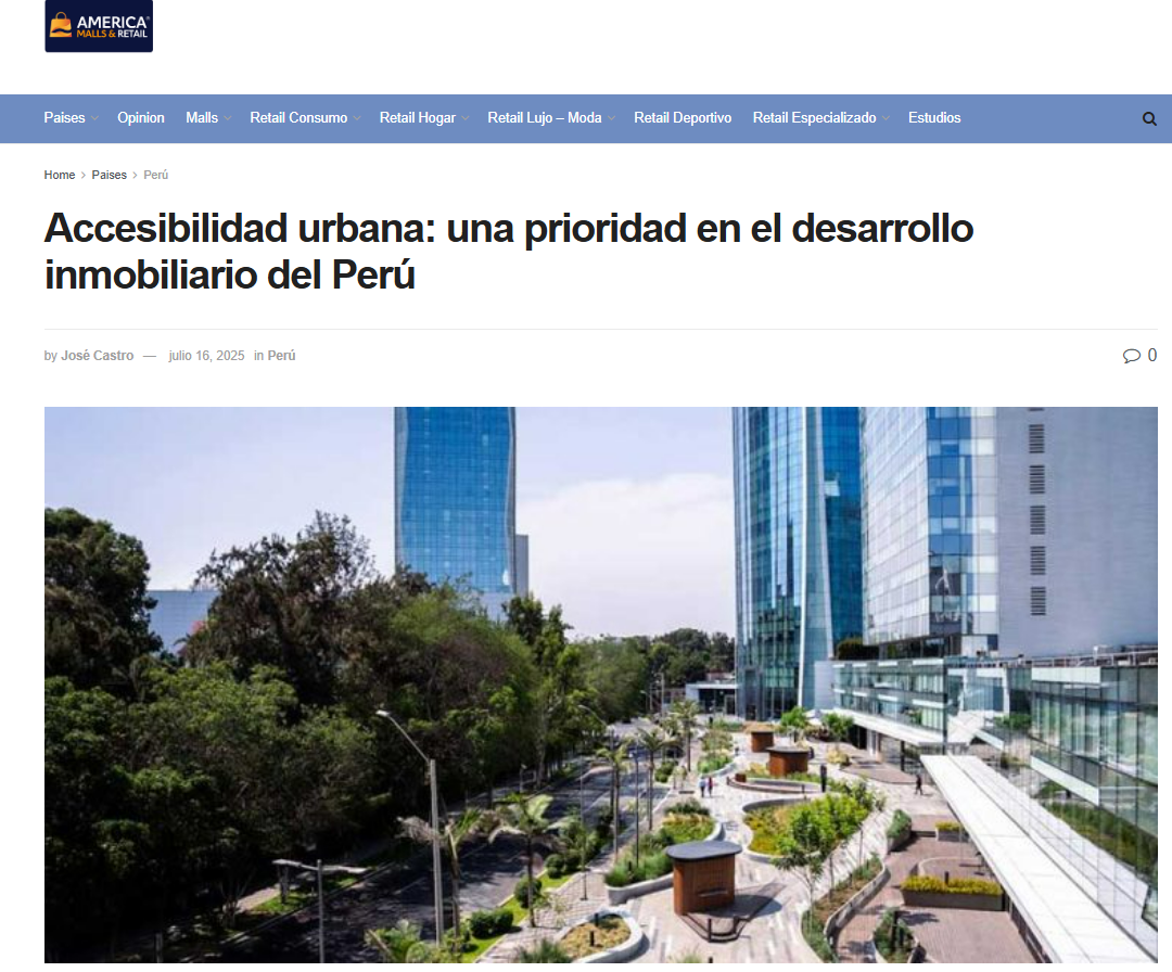 Vista urbana con edificios modernos de vidrio, áreas verdes y un paseo peatonal con rampas y senderos accesibles, en una zona inmobiliaria de Perú.