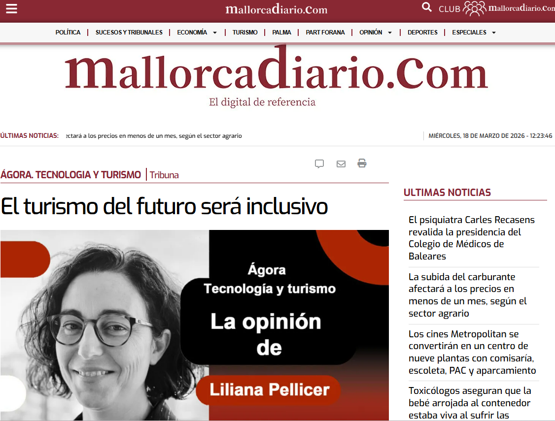 Captura de una página web de noticias con el titular ‘El turismo del futuro será inclusivo’ y una imagen en blanco y negro de una mujer con gafas, junto a un diseño gráfico con el texto ‘La opinión de Liliana Pellicer’