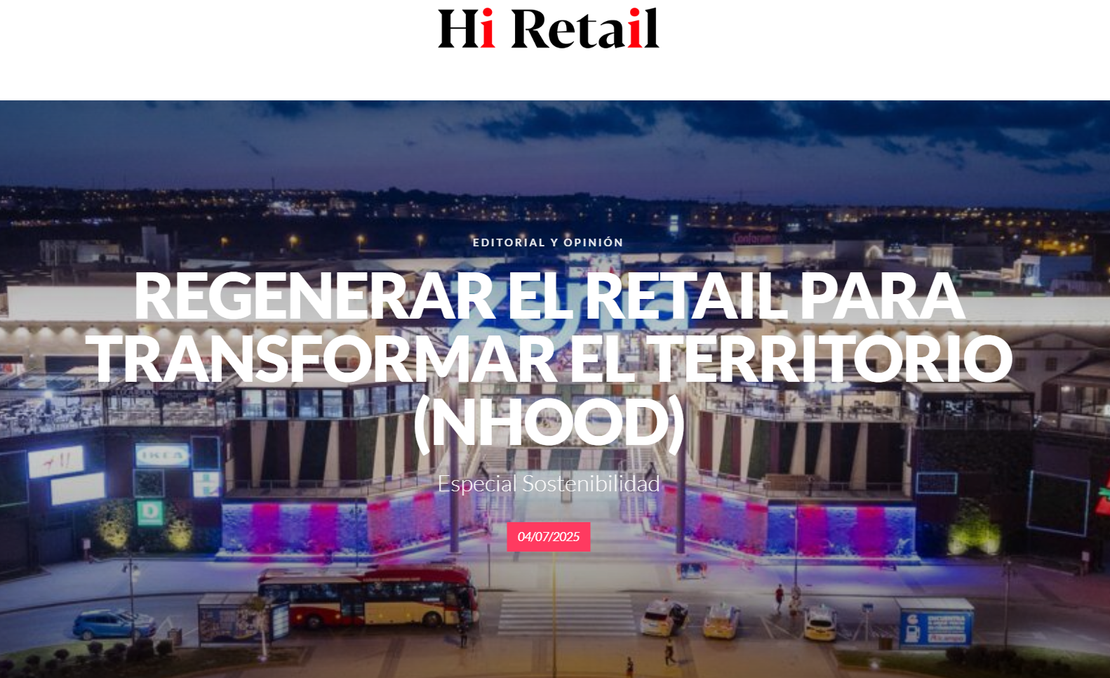 Portada de artículo de Hi Retail sobre regeneración del retail con imagen de centro comercial nocturno.