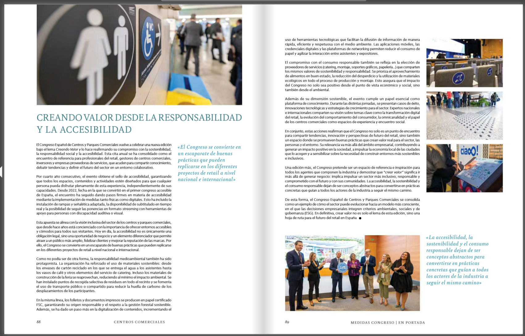 Artículo de revista sobre accesibilidad y responsabilidad en centros comerciales con fotos de un congreso.