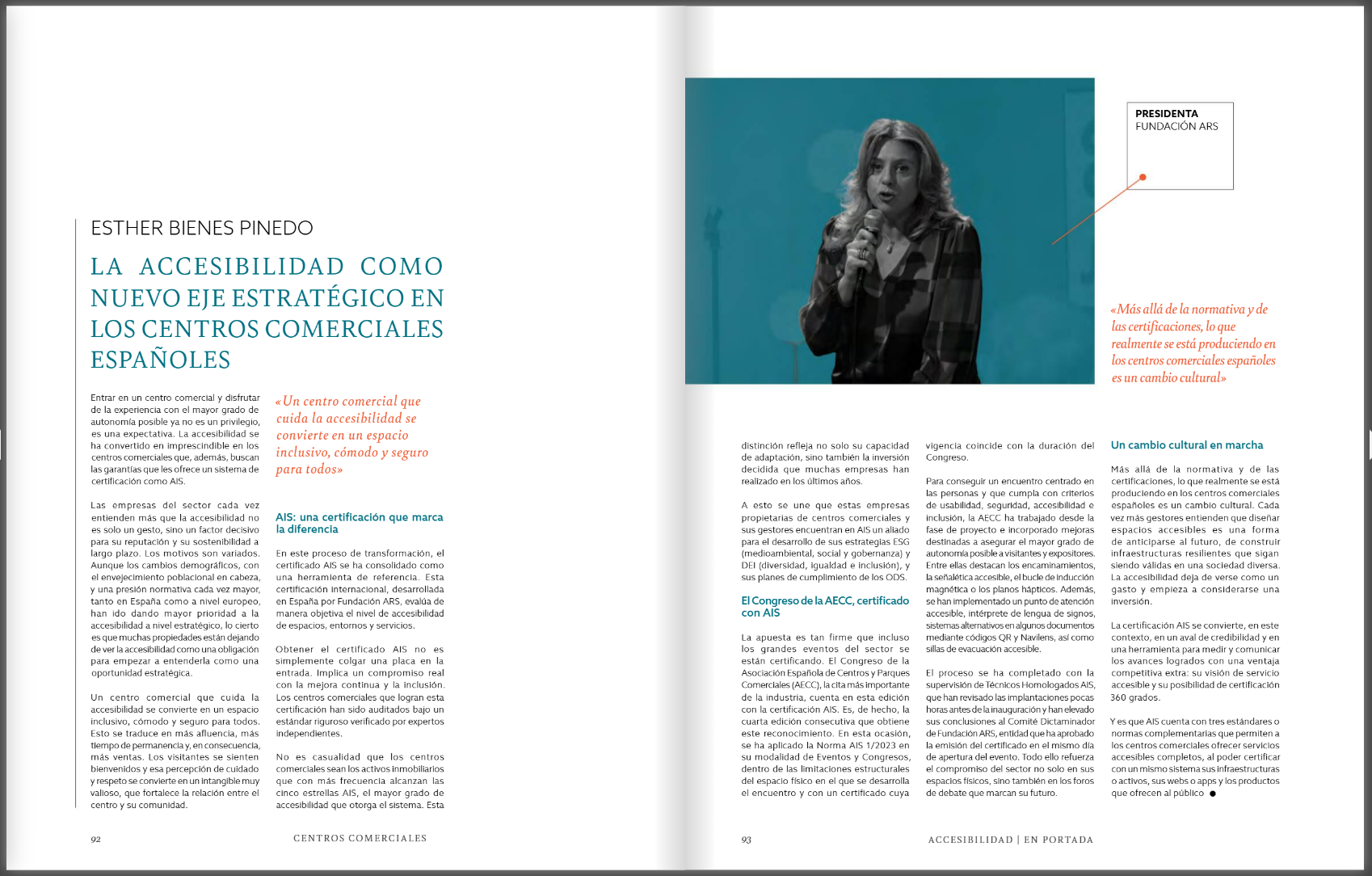 Doble página de revista sobre accesibilidad en centros comerciales, con imagen de Esther Bienes Pinedo en una conferencia. 