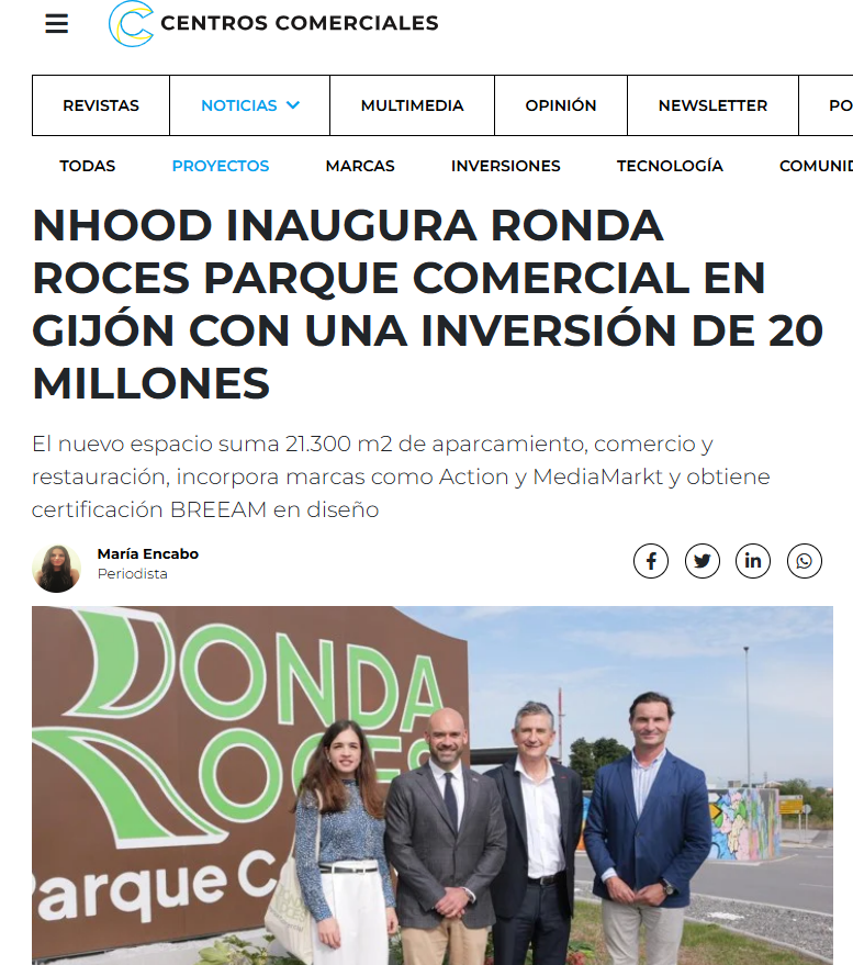 Captura de pantalla de noticia con foto de cuatro personas al frente de Ronda Roces parque comercial
