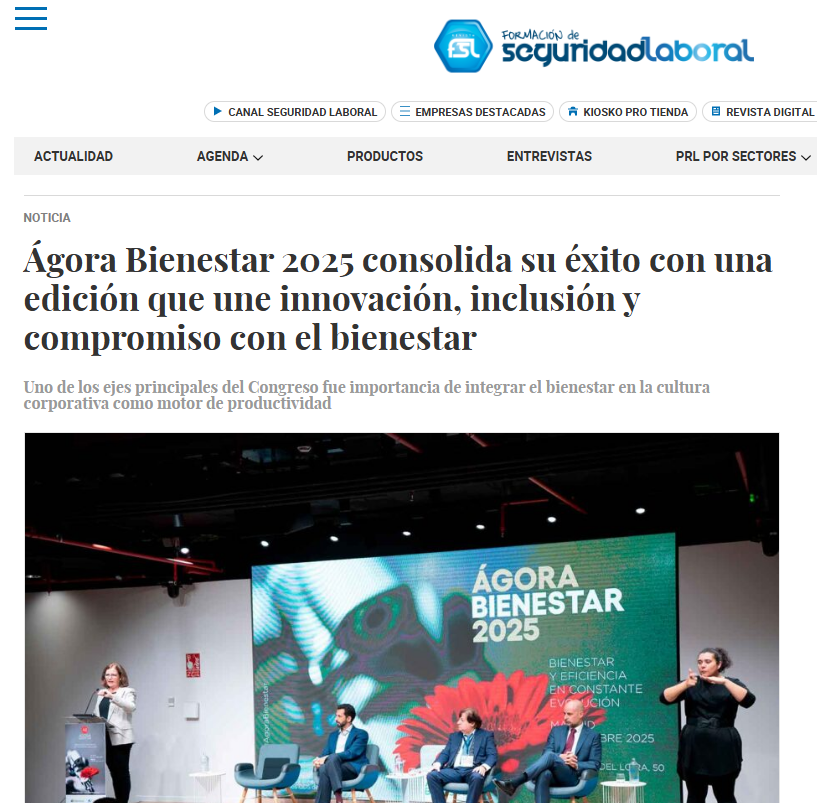 Noticia sobre Ágora Bienestar 2025 en Formación de Seguridad Laboral con imagen de un congreso y ponentes en escenario