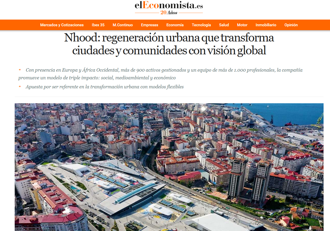 Artículo de elEconomista sobre Nhood con imagen aérea de una ciudad costera urbanizada.