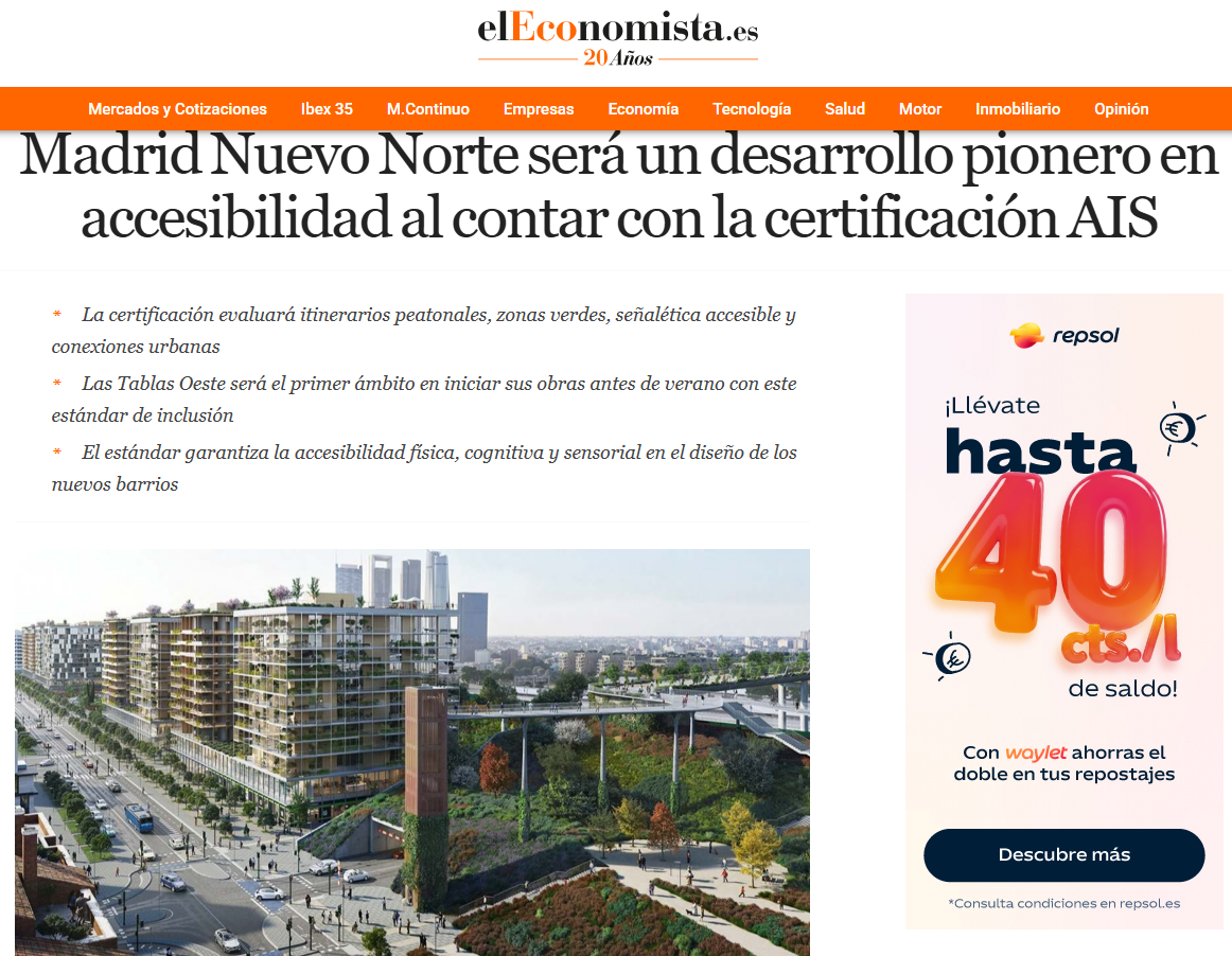 Recreación de Madrid Nuevo Norte con edificios modernos, zonas verdes y un parque elevado con peatones