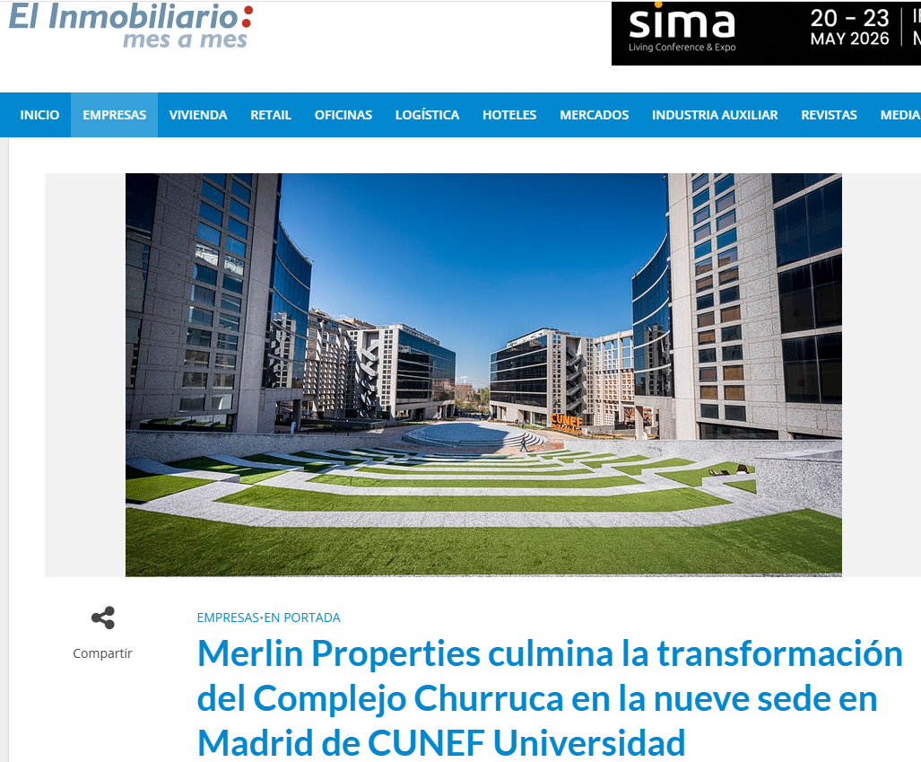 Complejo Churruca en Madrid con edificios modernos y plaza central ajardinada de diseño geométrico